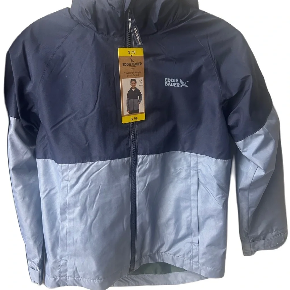 NWT Eddie Bauer Kids Navy and Light Blue Raincoat 3-in-1 Lightweight Jacket